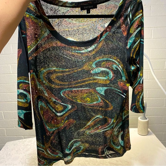 Super Cool Fabric Feel SemiSheer 3/4 Sleeve Blouse Scoop Crew Neck Marbled Shirt - Picture 1 of 12